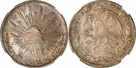 MEXICO. 8 Reales, 1834-Zs OM. Zacatecas Mint. NGC AU-58.
KM-377.13; DP-Zs14. One of the earlier dates for the mint, this incredibly wholesome and ori...