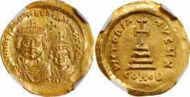 HERACLIUS with HERACLIUS CONSTANTINE, 610-641. AV Solidus (4.40 gms), Constantinople mint, 8th Officina, 613-616. NGC MS, Strike: 5/5 Surface: 3/5. Wa...