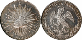 MEXICO. Real, 1826-Mo JM. Mexico City Mint. PCGS MS-64.
KM-372.8. A crisply struck and flashy Real, with splashes of russet toning in the fields and ...