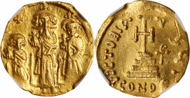 HERACLIUS with HERACLIUS CONSTANTINE & HERACLONAS, 610-641. AV Solidus, Constantinople Mint, uncertain Officina, 632-635/6. NGC AU. Bent, Marks, Clipp...