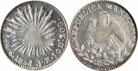 MEXICO. 1/2 Real, 1852/1-Go PF. Guanajuato Mint. PCGS MS-62.
KM-370.7. A bold overdate. Though a bit soft on strike in the centers, the surfaces of t...