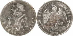 MEXICO. Peso, 1872-Go S. Guanajuato Mint. PCGS AU-58.
KM-408.2. Residing at the cusp of Mint State status, this enticing crown radiates with brillian...