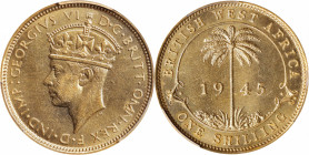 BRITISH WEST AFRICA. Shilling, 1945-KN. Kings Norton Mint. George VI. PCGS SPECIMEN-65.
KM-23. Demonstrating some fantastic sheen, this Gem beauty di...