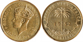 BRITISH WEST AFRICA. Shilling, 1952-KN. Kings Norton Mint. George VI. PCGS SPECIMEN-64.
KM-28. Offering a softly brassy luster, the pretty Shilling i...