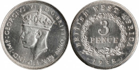 BRITISH WEST AFRICA. 3 Pence, 1938-KN. Kings Norton Mint. George VI. PCGS SPECIMEN-65+.
KM-21. Offering up tremendous eye appeal, this fantastic Gem ...