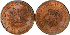 MEXICO. Chihuahua. 5 Centavos, 1915. PCGS MS-65 Brown.
KM-613. This beautifully preserved example boasts crisp design features, smooth surfaces and l...