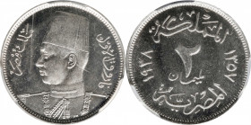 EGYPT. 2 Mil, AH 1357/1938. London Mint. Farouk I. PCGS SPECIMEN-67.
KM-359. This charming and highly attractive Specimen presents incredible blast w...