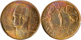 EGYPT. Mil, AH 1357/1938. London Mint. Farouk I. PCGS SPECIMEN-65 Red Brown.
KM-358. Providing much in the way of vibrant color, this incredibly appe...
