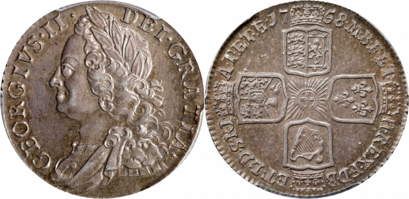 GREAT BRITAIN. Shilling, 1758. London Mint. George II. PCGS AU-58.
S-3704; KM-5...