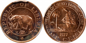 LIBERIA. Cent, 1977. Kings Norton Mint. PCGS SPECIMEN-64 Red.
KM-13. This lovely Specimen from the King's Norton Mint offers exacting strike and rich...