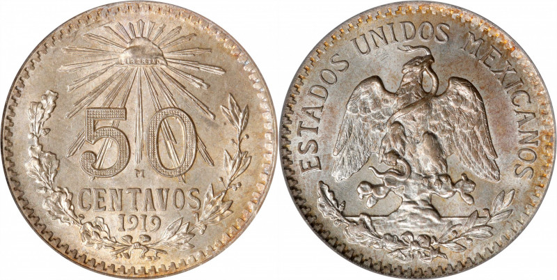 MEXICO. 50 Centavos, 1919-M. Mexico City Mint. PCGS MS-64.
KM-446. Variety stru...