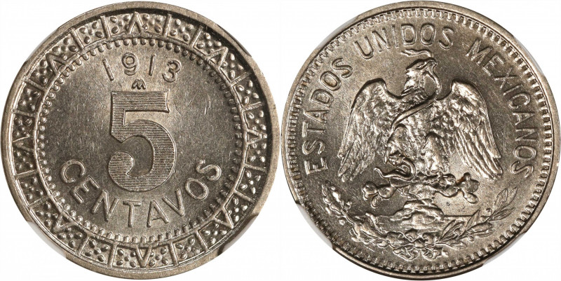 MEXICO. 5 Centavos, 1913-M. Mexico City Mint. NGC MS-64.
KM-421. A well struck ...