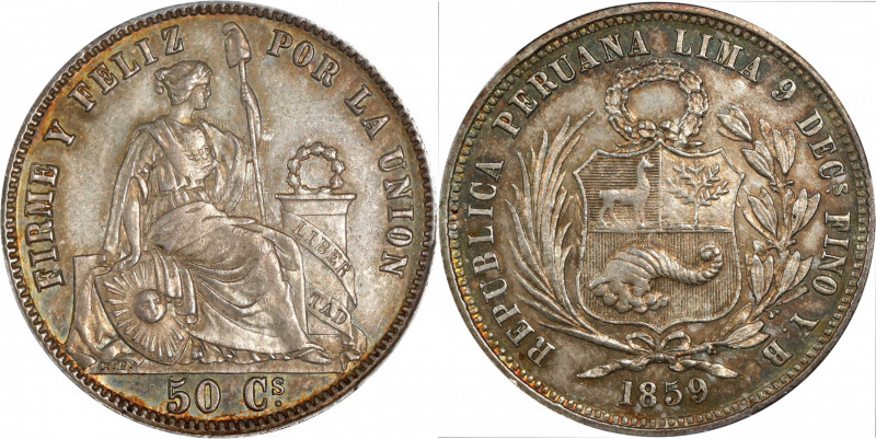 PERU. 50 Centavos, 1859-YB/Y. Lima Mint. PCGS MS-63.
KM-179.2. Incorrectly list...