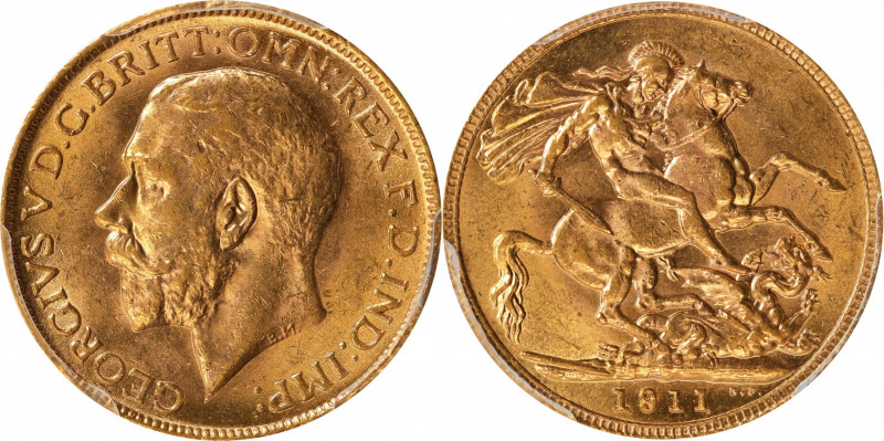 GREAT BRITAIN. Sovereign, 1911. London Mint. George V. PCGS MS-63.
S-3996; Fr-4...