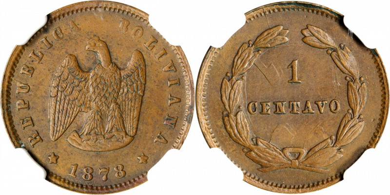 BOLIVIA. Centavo, 1878. NGC MS-64 Brown.
KM-162. This charming near-Gem example...