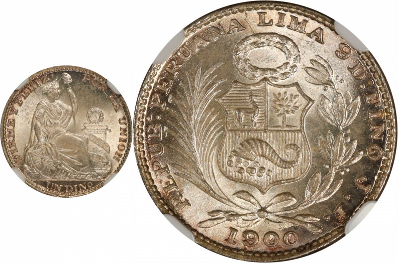 PERU. Dinero, 1900/898-JF. Lima Mint. NGC MS-66.
KM-204.2. This lovely Gem pres...