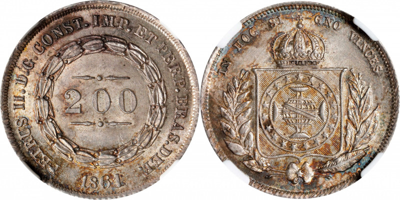 BRAZIL. 200 Reis, 1861. Rio de Janeiro Mint. Pedro II. NGC MS-65.
KM-469. This ...