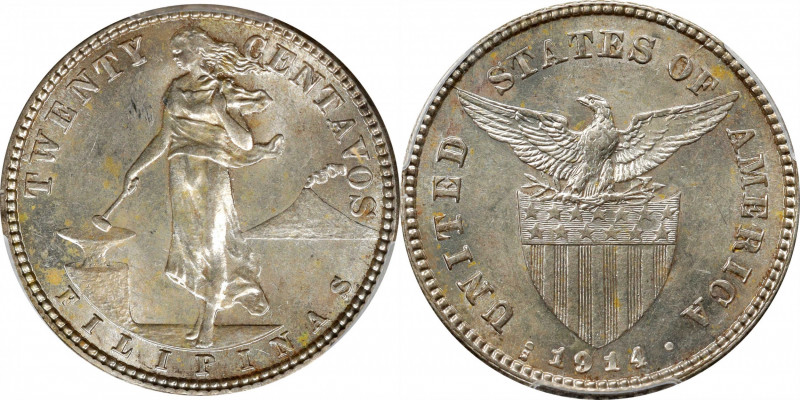 PHILIPPINES. 20 Centavos, 1914-S. San Francisco Mint. PCGS MS-62.
KM-170. Mostl...