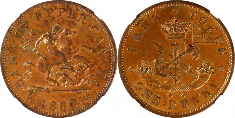 CANADA. Upper Canada. Bank of Upper Canada Copper Penny Token, 1850. NGC MS-62 B...