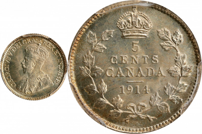 CANADA. 5 Cents, 1914. Ottawa Mint. George V. PCGS MS-66.
KM-22. Dripping with ...