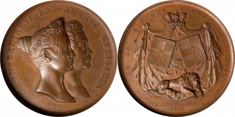 GREECE. Marriage of King Otho and Queen Amelia Bronze Medal, 1836. NGC MS-63 Bro...