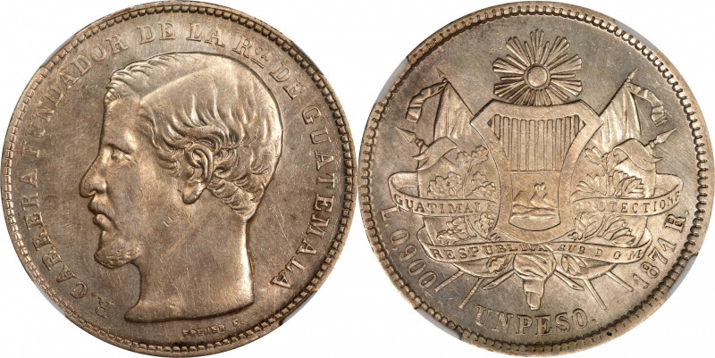 GUATEMALA. Peso, 1871-R. NGC AU-55.
KM-190.1. Variety with "L" before fineness....