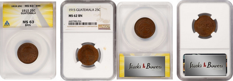 GUATEMALA. Pair of 25 Centavos (2 Pieces), 1915. Both NGC or ANACS Certified.
A...