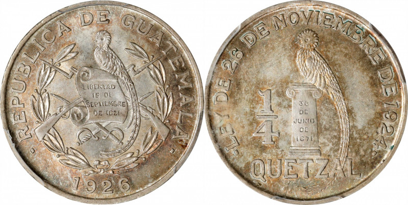 GUATEMALA. 1/4 Quetzal, 1926. Philadelphia Mint. PCGS MS-63.
KM-243.1. A handso...