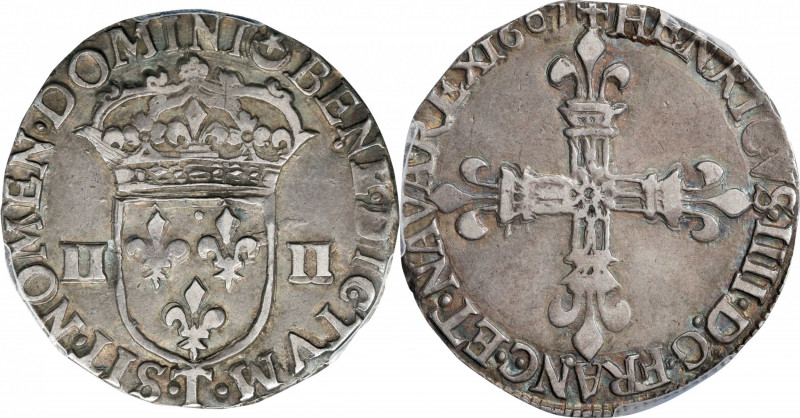 FRANCE. 1/4 Ecu, 1607-T. Nantes Mint. Henry IV. PCGS EF-45.
KM-27; Dp-1222. Thi...