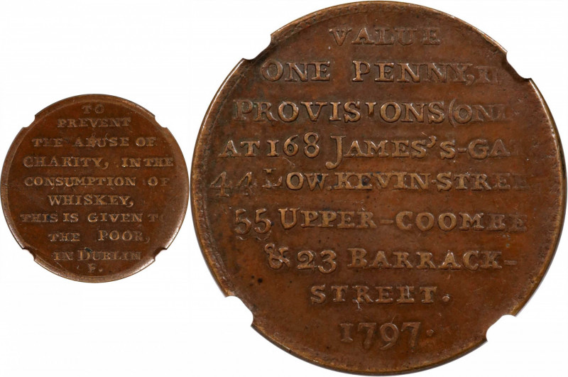 IRELAND. Copper Penny Token, 1797. NGC AU-53.
D&H-1. Obverse: Inscription in 9 ...