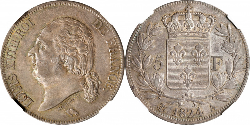 FRANCE. 5 Francs, 1824-A. Paris Mint. Louis XVIII. NGC AU-58.
KM-711.1. A stron...