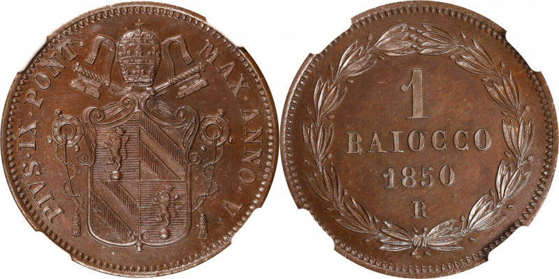 ITALY. Papal States. Baiocco, 1850-R Year V. Rome Mint. Pius IX. NGC MS-64 Brown...