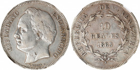 VENEZUELA. 10 Reales, 1863-A. Paris Mint. NGC VF Details--Edge Damage.
KM-Y-A11; Stohr-31. A VERY RARE type with the bust of Jose Antonio Paez left. ...