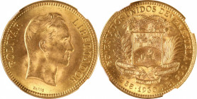 VENEZUELA. 10 Bolivares, 1930. NGC MS-66+.
Fr-6; KM-37. AGW: 0.0933 oz. Centennial of the death of Bolivar. A hairsbreadth away from Superb Gem statu...