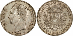 VENEZUELA. 5 Bolivares, 1911. Paris Mint. PCGS AU-50.
KM-Y-24.2. Wide date variety. Lightly circulated, this crown retains some mint brilliance tucke...