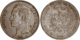 VENEZUELA. 5 Bolivares, 1912. Paris Mint. PCGS EF-40.
KM-Y-24.2; Stohr-64. Though softy and evenly circulated, the present example provides overall s...