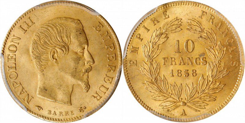 FRANCE. 10 Francs, 1858-A. Paris Mint. Napoleon III. PCGS MS-64.
Fr-576a; KM-78...