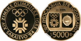 YUGOSLAVIA. 5000 Dinara, 1982. NGC PROOF-68 Ultra Cameo.
Fr-14; KM-95. AGW: 0.2315 oz. Commemorating the 1984 Sarajevo Winter Olympics. This near fla...