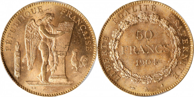 FRANCE. 50 Francs, 1904-A. Paris Mint. PCGS MS-63.
Fr-591; KM-831; Gad-1113. AG...