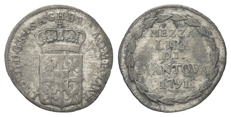 MANTOVA
Leopoldo II d’Asburgo Lorena, 1790-1792.
Mezza Lira 1791.
Mi gr. 1,34...