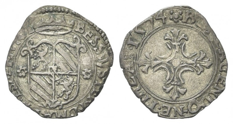 MESSERANO
Besso Ferrero Fieschi, 1559-1584. 
Soldo 1574.
Mi gr. 1,52
Dr. BES...