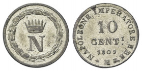 MILANO
Napoleone I Re d’Italia, 1805-1814.
10 Centesimi 1809.
Mi gr. 1,99
Dr. Grande N sormontata da corona.
Rv. Valore e data.
Pag. 67; Gig. 19...