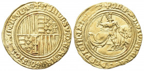 NAPOLI
Alfonso I d’Aragona, 1442-1458.
Sesquiducato o da un Ducato e mezzo.
Au gr. 5,23
Dr. ALFONSV D G R ARAGO SICILI CITR VL. Stemma inquartato ...