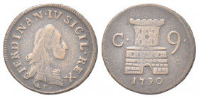 NAPOLI
Ferdinando IV (I) di Borbone, 1759-1816.
9 Cavalli 1790.
Æ gr. 4,61
Dr. FERDINAN IV SICIL REX. Busto, a d.; sotto, P.
Rv. Torre merlata; a...