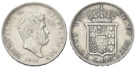 NAPOLI
Ferdinando II di Borbone, 1830-1859.
Piastra da 120 Grana 1844.
Ag gr. 27,34
Dr. Testa barbuta a d.; sotto, la data.
Rv. Stemma coronato. ...