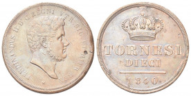 NAPOLI
Ferdinando II di Borbone, 1830-1859.
10 Tornesi 1840.
Æ gr. 29,25
Dr. Testa nuda a d.
Rv. Corona reale e valore.
Pag. 335; Gig. 190.
Man...