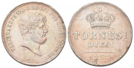 NAPOLI
Ferdinando II di Borbone, 1830-1859.
10 Tornesi 1857.
Æ gr. 32,14
Dr. Testa nuda a d.
Rv. Corona reale e valore.
Pag. 351c; Gig. 208.
 R...