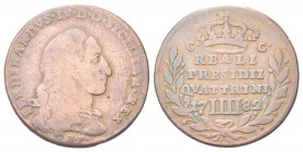 ORBETELLO
Ferdinando IV (I) di Borbone, 1759-1816.
4 Quattrini o Baiocco 1782
Æ gr. 6,12
Dr. FERDIN IV D G SICILIAR REX. Testa nuda a d.; sotto, P...