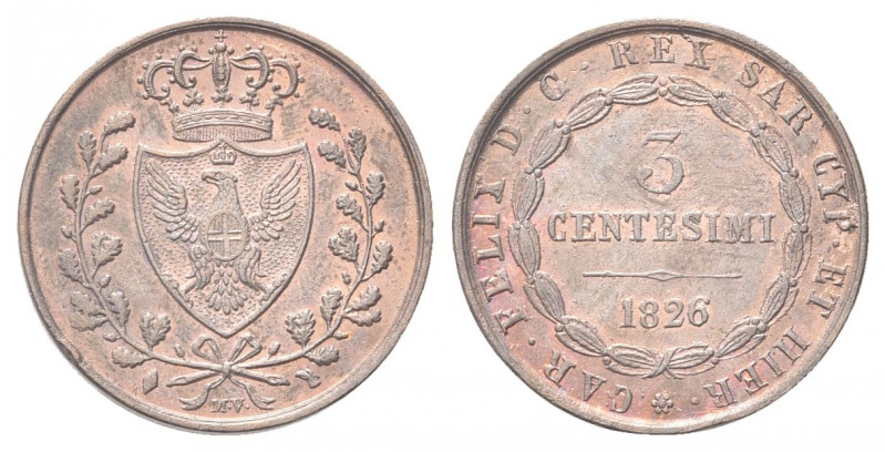 REGNO DI SARDEGNA
Carlo Felice, 1821-1831.
3 Centesimi 1826 Torino.
Cu 
Dr. ...