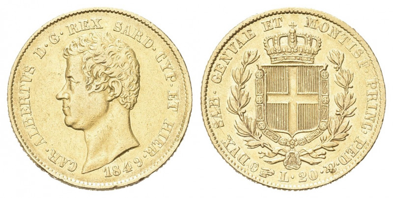 REGNO DI SARDEGNA
Carlo Alberto, 1831-1849.
20 Lire 1849 Torino.
Au 
Dr. Tes...